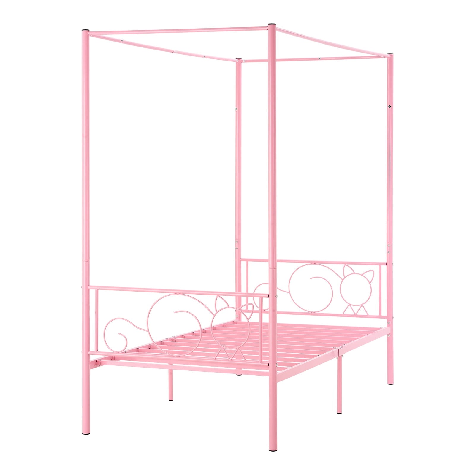 KFFKFF Bed Frame, Twin Size Metal Canopy, Four Poster Design, Pink