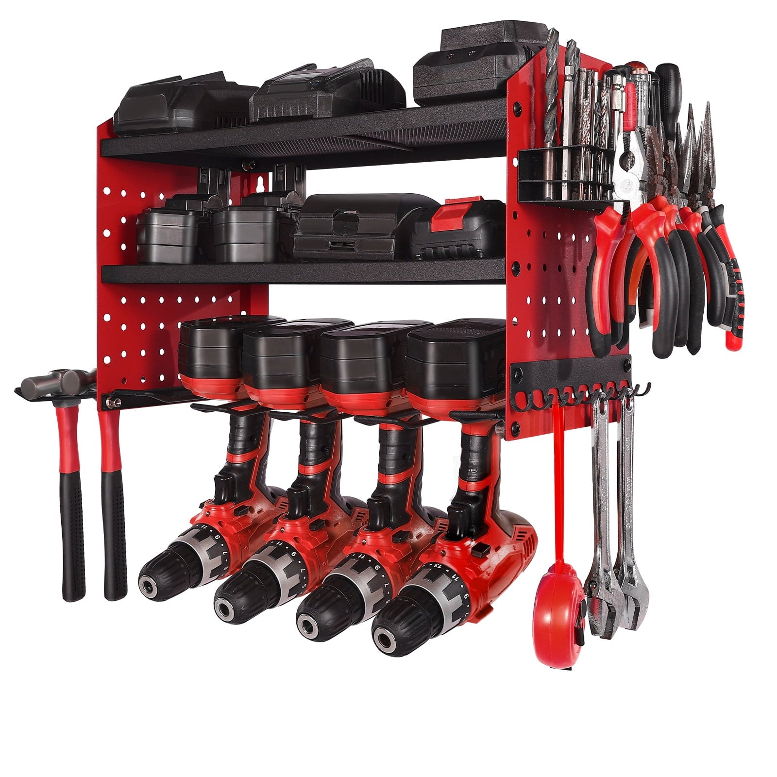 KFFKFF Wall-Mounted Power Tool Organizer, 3-Tier Storage Rack with 4 Drill Slots, Tool Holder and Storage Shelf with Side Pegboards, Ideal for Garage, Workbench, and Workshop
