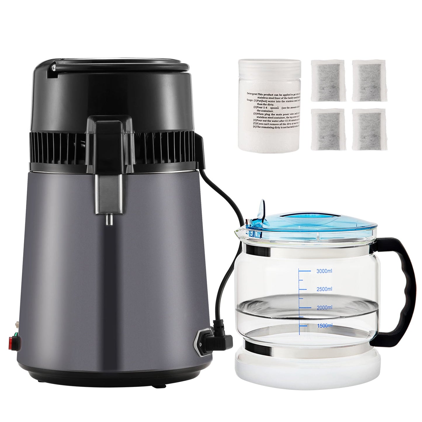 KFFKFF Water Distiller, 4L Capacity for Home Use, 750W Power, Stainless Steel Inside, Countertop Water Filtration System, Produces Pure Distilled Water, Grey