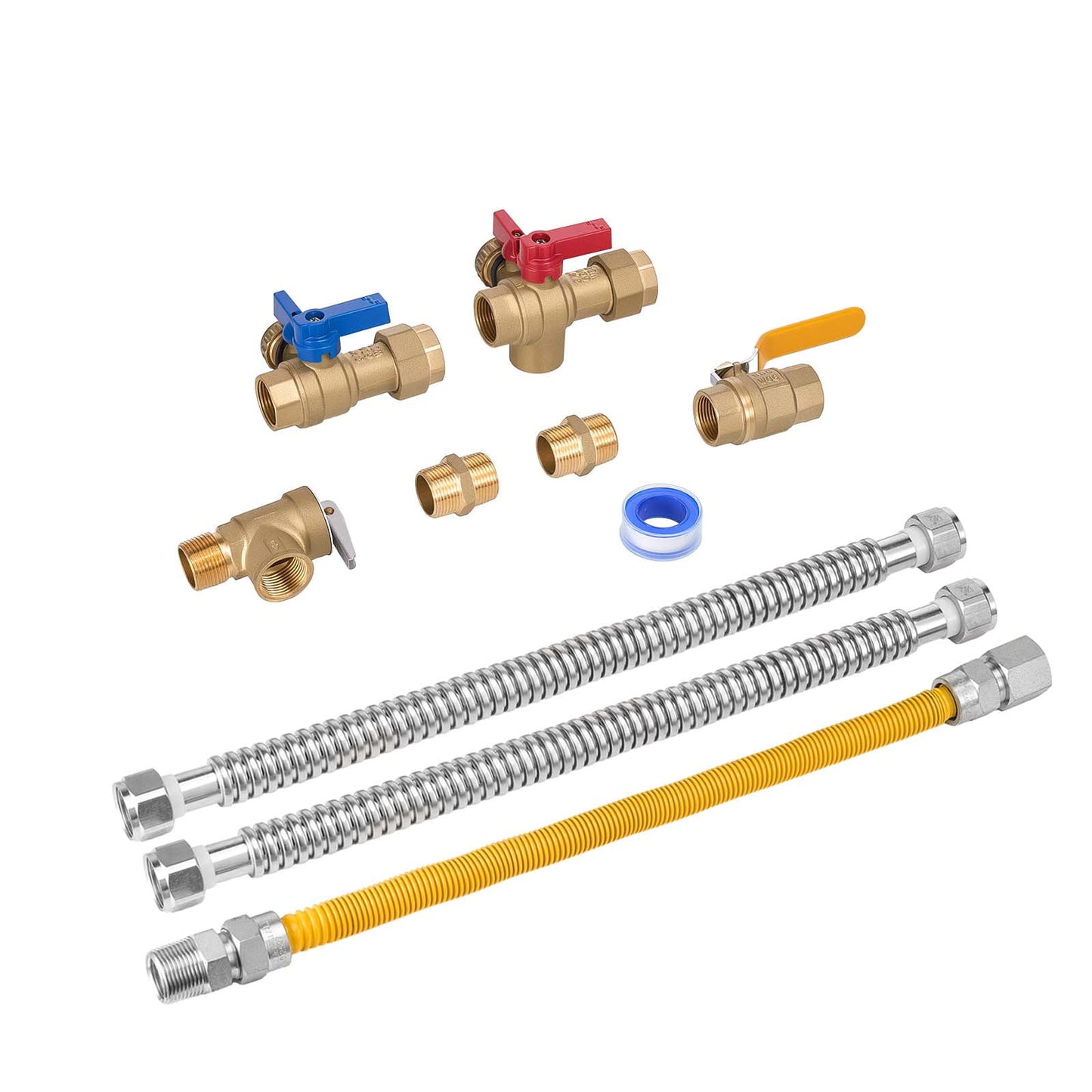 KFFKFF Water Heater Kit, 3/4 Inch Hot & Cold Water Plumbing Repair Set with Isolation Valves, Pressure Relief Valve, Ball Valve, Gas Hose, Works with Various Tankless Water Heater Models