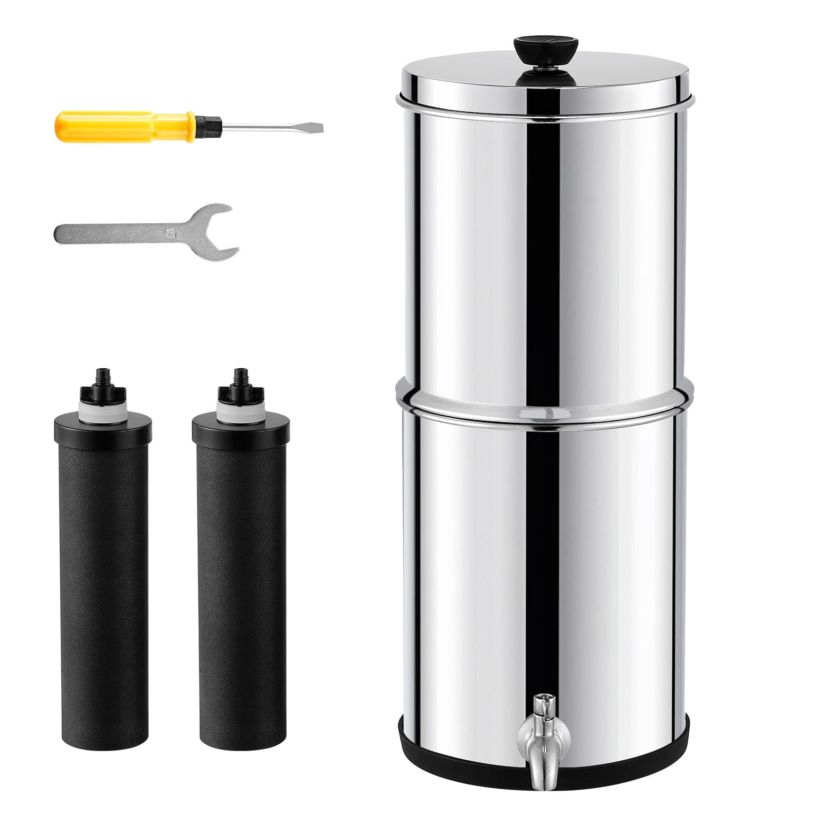 KFFKFF Water Purification Unit, Gravity-Driven, 2.25G Capacity in 304 Stainless-Steel Housing, Countertop Design, Minimizes Lead and Filters up to 99% Chlorine, Includes 2 Carbon Filters & Faucet