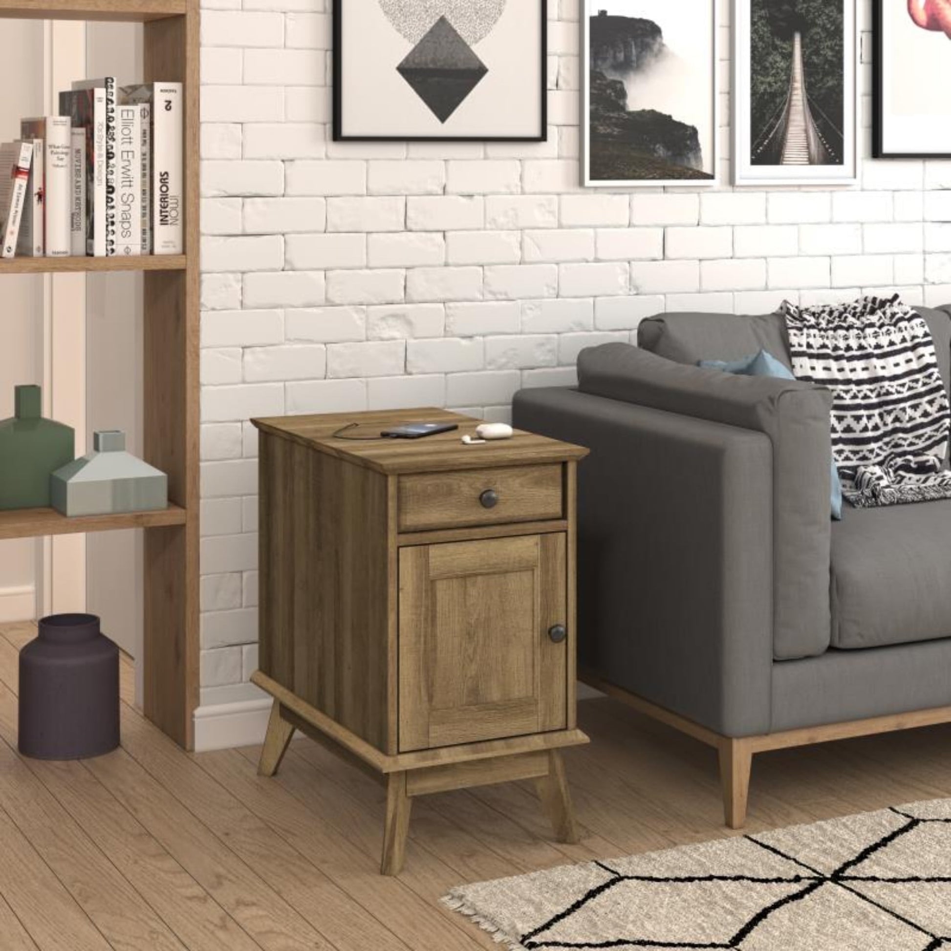 KOWO Scandinavian Rectangle Indoor Scandinavian Portable Wood and Laminated Oak End Table, Golden Oak