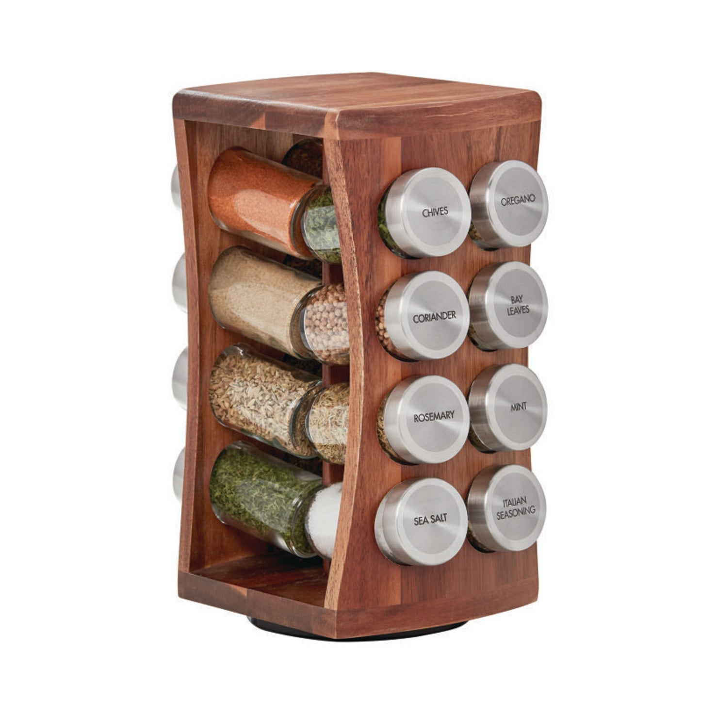 Kamenstein Acacia Wood Hourglass 16-Jar Revolving Spice Rack with Prefilled Glass Jars