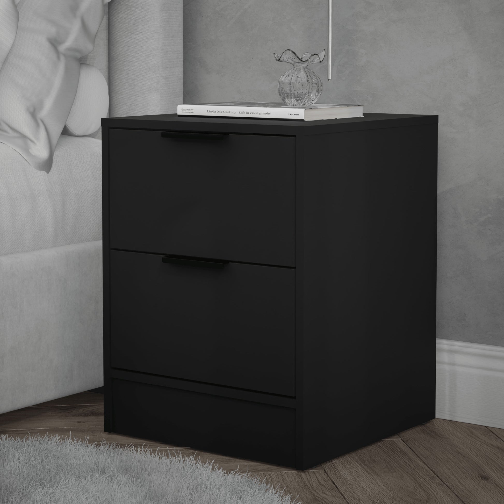 Kappesberg Fresno 2-Drawer Nightstand, Black Matte Finish â€“ Modern Bedroom Storage for Adults & Teens