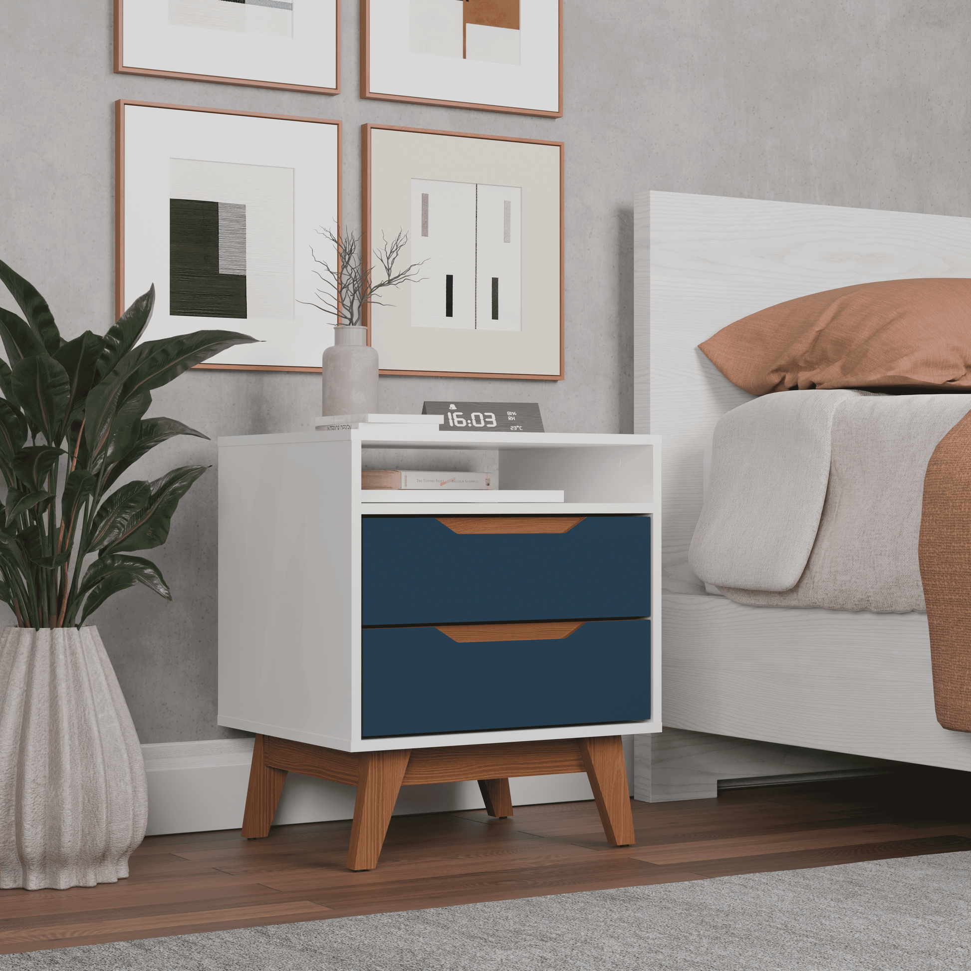 Kappesberg Paris 2-Drawer Nightstand with Open Shelf and Built-in Handles - White/Blue - for Adults and Teens
