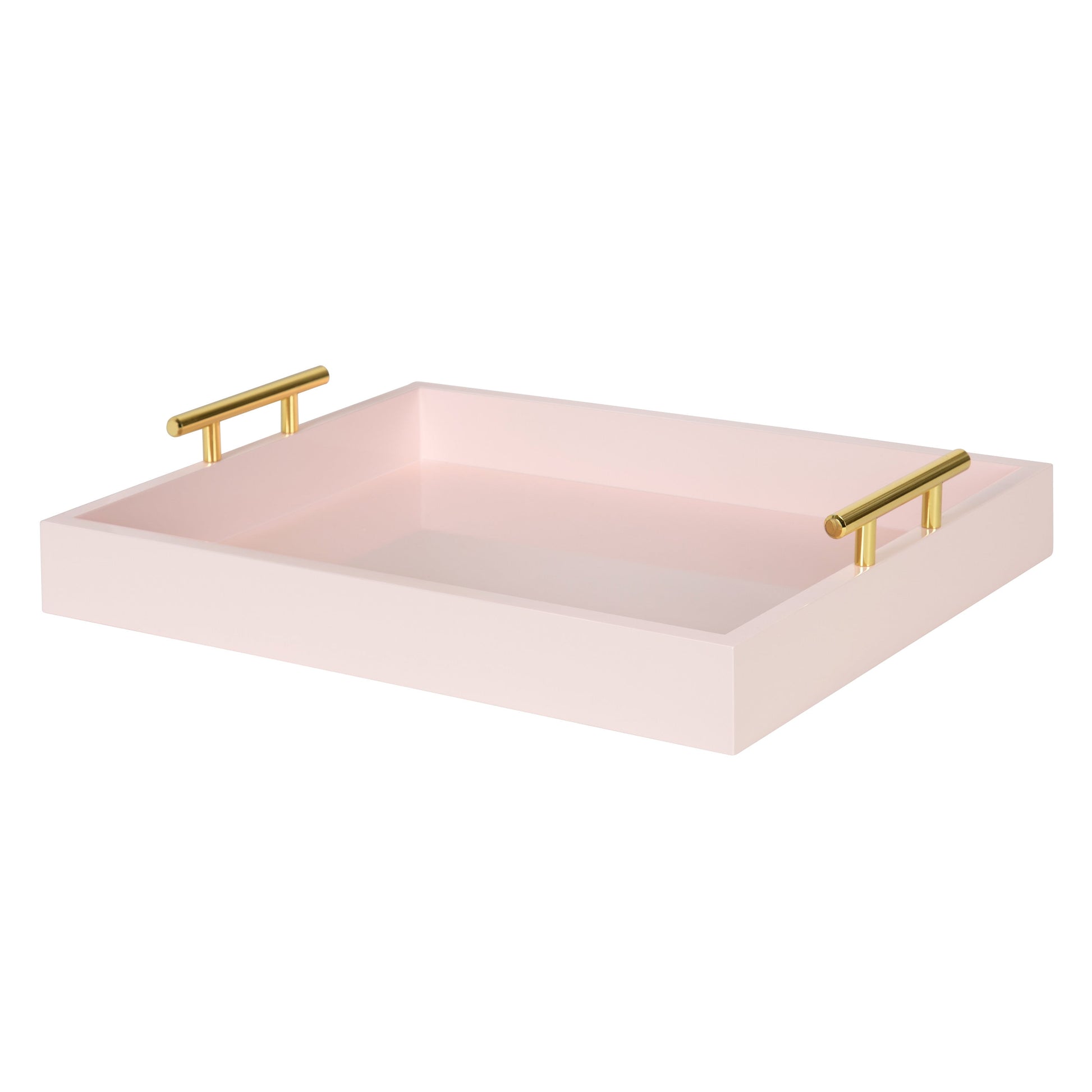 Kate and Laurel Lipton Decorative Modern Tray, 16.5 x 12.25, Pink, Glossy Pink Serving Tray with Polished Gold Handles for Hosting, Home Decor, and Storage