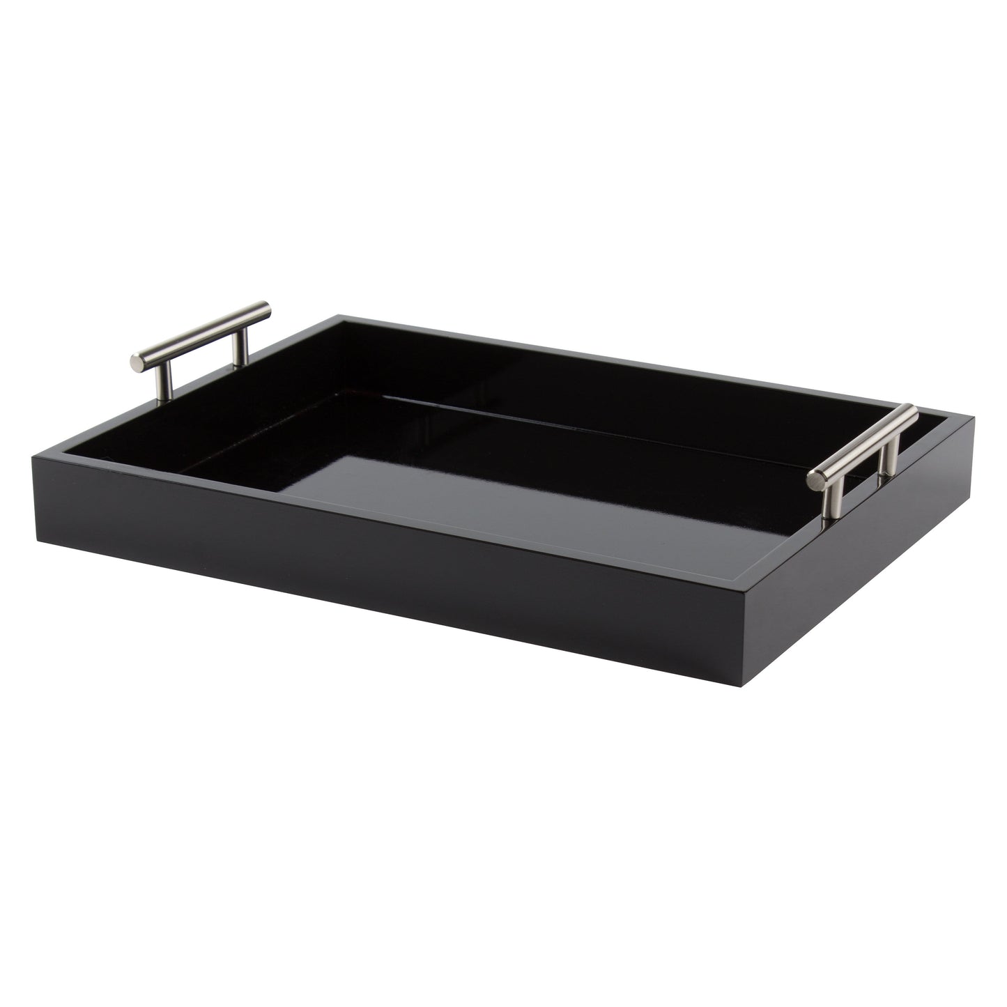 Kate and Laurel Lipton Decorative Tray with Polished Metal Handles, Black and Silver