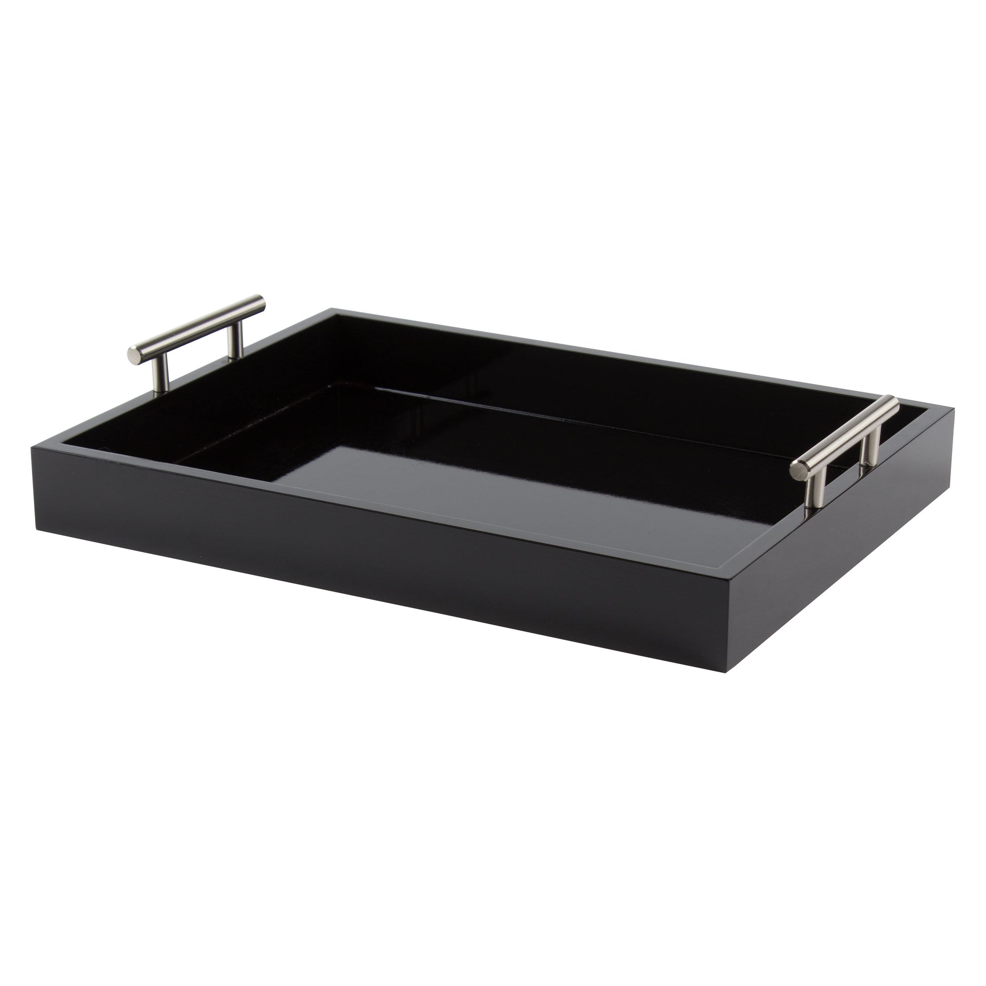 Kate and Laurel Lipton Decorative Tray with Polished Metal Handles, Black and Silver