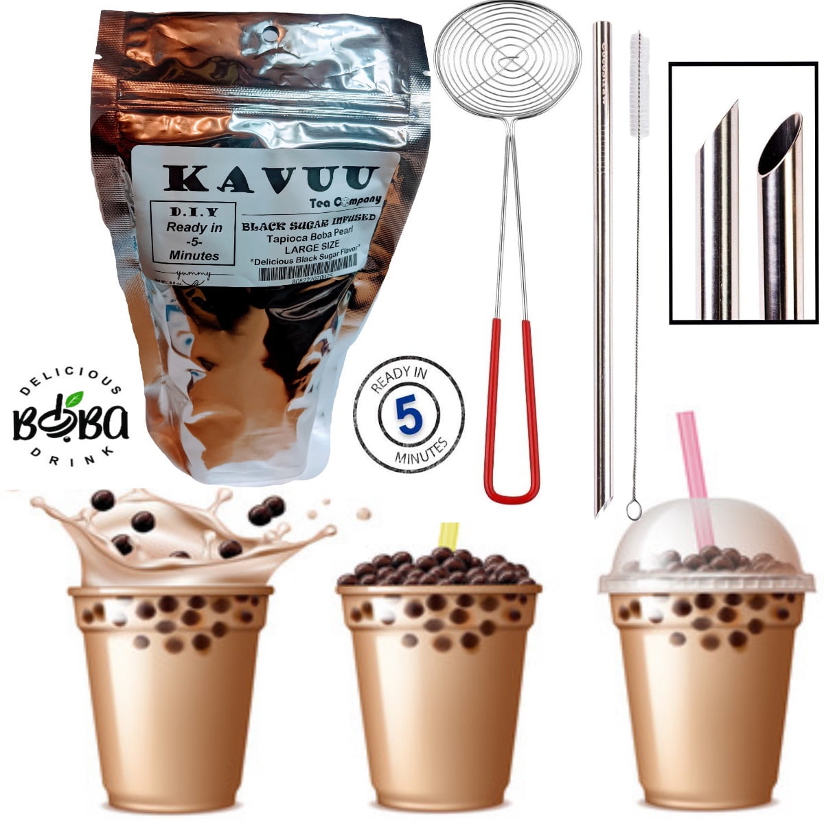 Kavuu Gourmet Boba Black Tapioca Pearl for Bubble Tea - Gluten Free Black Sugar Infused Pearls - Ready in 5 min. - Includes Boba Wire Skimmer Strainer Scoop & [M]etal Straws w/Carry Pouch