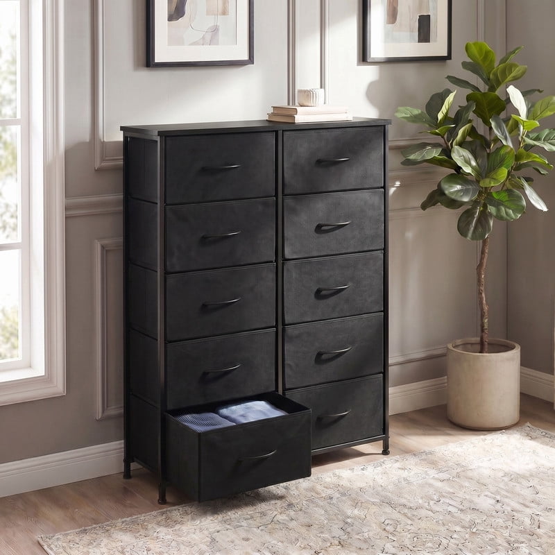 Kelno 10 Drawer Fabric Dresser Storage Tower Chest Organizer with Wood Top Steel Frame, Black