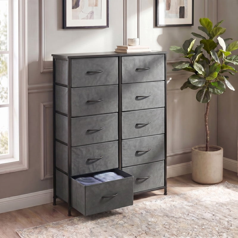 Kelno 9 Drawer Fabric Dresser Storage Tower Chest Organizer with Wood Top Steel Frame, Black