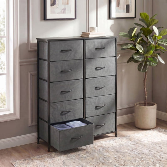 Kelno 9 Drawer Fabric Dresser Storage Tower Chest Organizer with Wood Top Steel Frame, Black