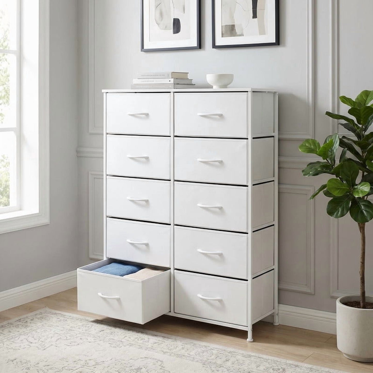 Kelno 10 Drawer Fabric Dresser Storage Tower Chest Organizer with Wood Top Steel Frame, White