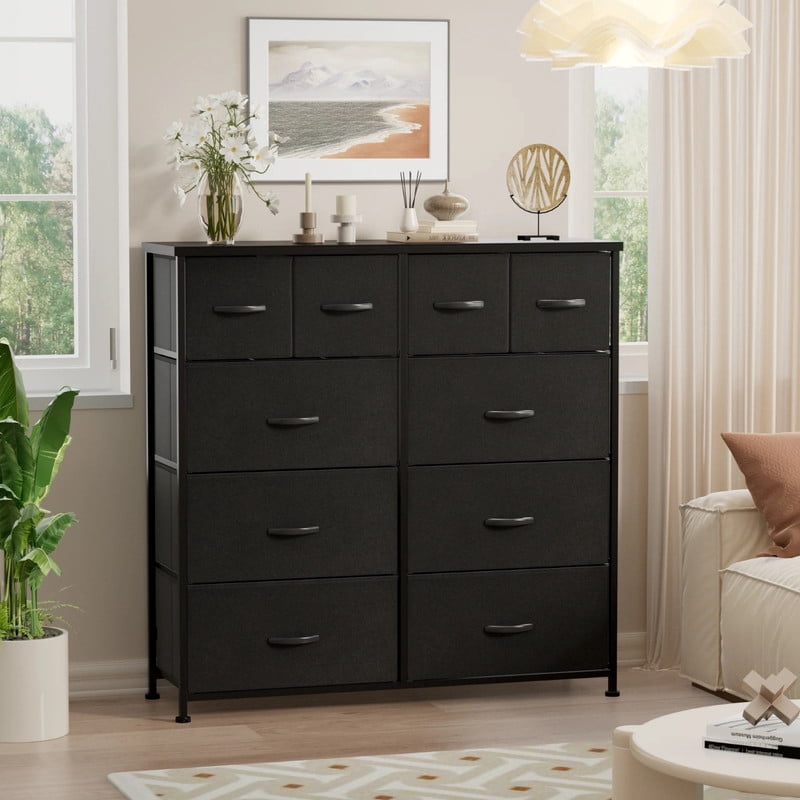 Kelno 10 Drawers Fabric Cabinet Metal Frame Wide Wood Top Tall Storage Tower TV Stand Clothes Organizer for Bedroom Living Room,Black