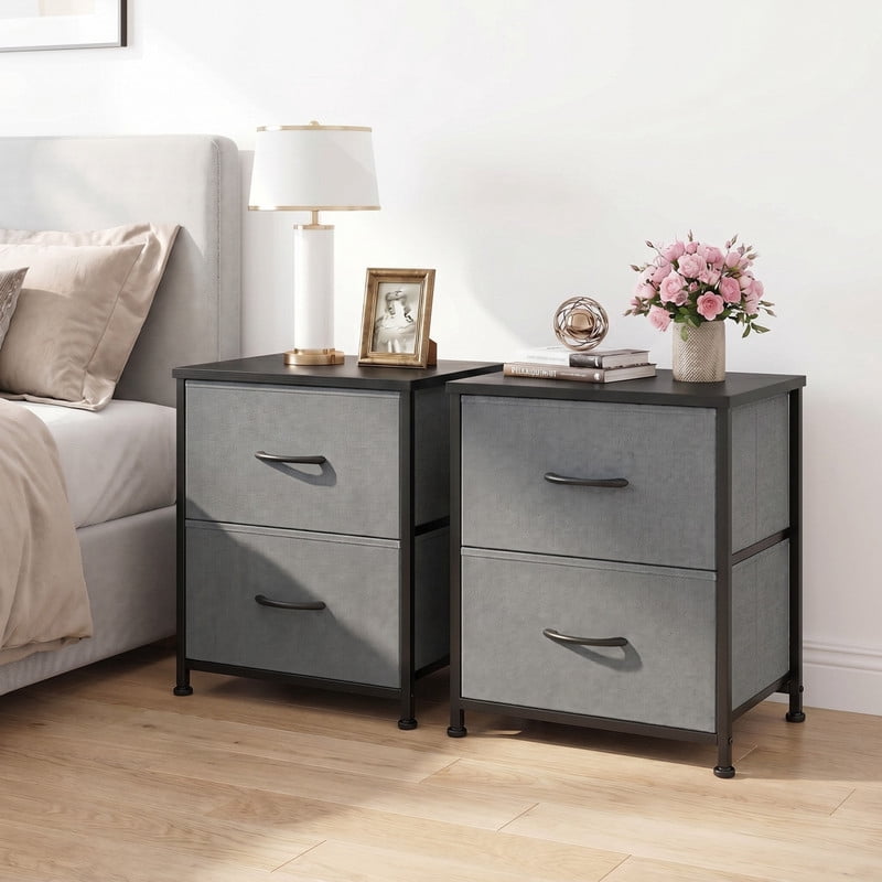 Kelno 2PCS Nightstand 2-Drawer Fabric Storage Dresser Small Bedside Table Wood Top, Gray