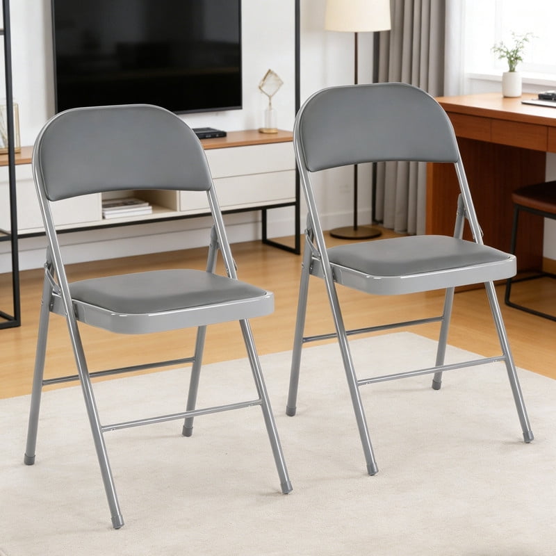 Kelno 2 Pack Folding Chair Leather Padded Seat Portable Chair, Grey