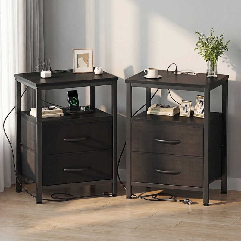 Kelno 2PCS Nightstand with 2 Fabric Drawers Charging Station USB TypeC Outlets Small Bedside Table with Open Storage Shelf, Black