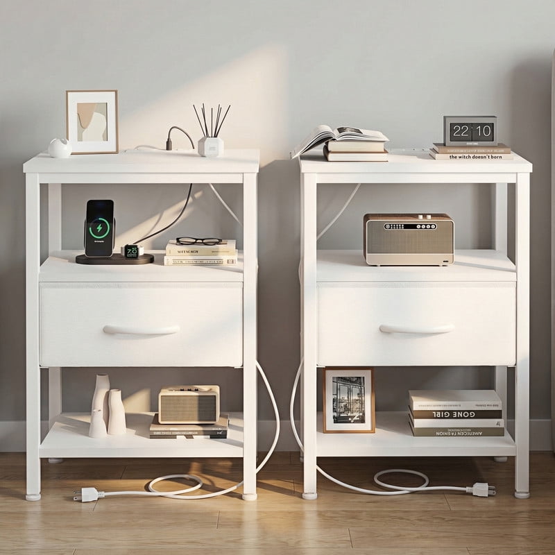 Kelno 2PCS Nightstand with Fabric Drawer Charging Station USB TypeC Outlets Small Bedside Table with Adjustable Shelf, White