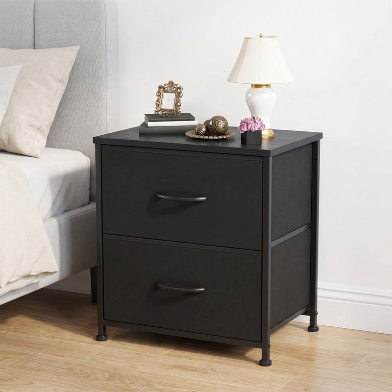 Kelno Nightstand 2 Drawers Fabric Storage Dresser Small Bedside Table Wood Top, Black