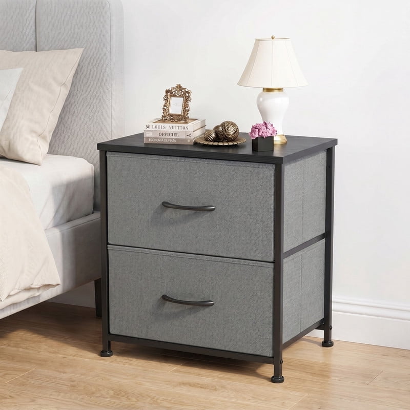 Kelno Nightstand 2 Drawers Fabric Storage Dresser Small Bedside Table Wood Top, Gray
