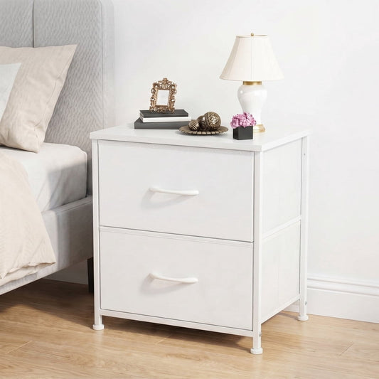Kelno Nightstand 2 Drawers Fabric Storage Dresser Small Bedside Table Wood Top, White
