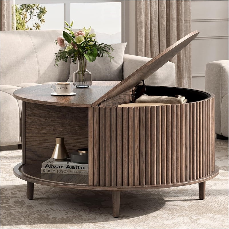 Kelno 31 Inch Round Coffee Table Mid Century Fluted Center Table with Sliding Door,Brown