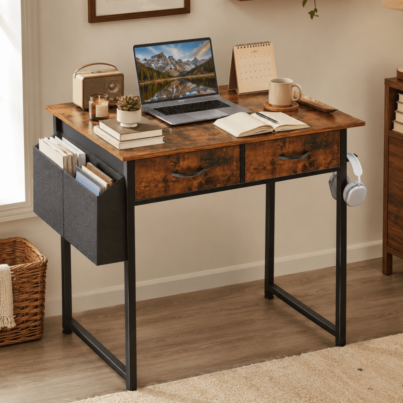 Kelno 32 Inch Computer Desk Small Desk with 2 Drawer Storage Bag Office Home Writing Desk Iron Headphone Hook Vanity Table, Rustic Brown