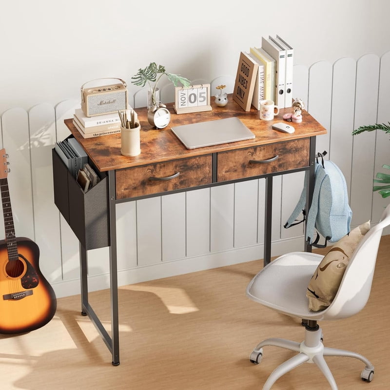 Kelno 32 Inch Computer Desk with 2 Fabric Drawer Storage Bag Iron Headphone Hook Vanity Writing Table, Rustic Brown