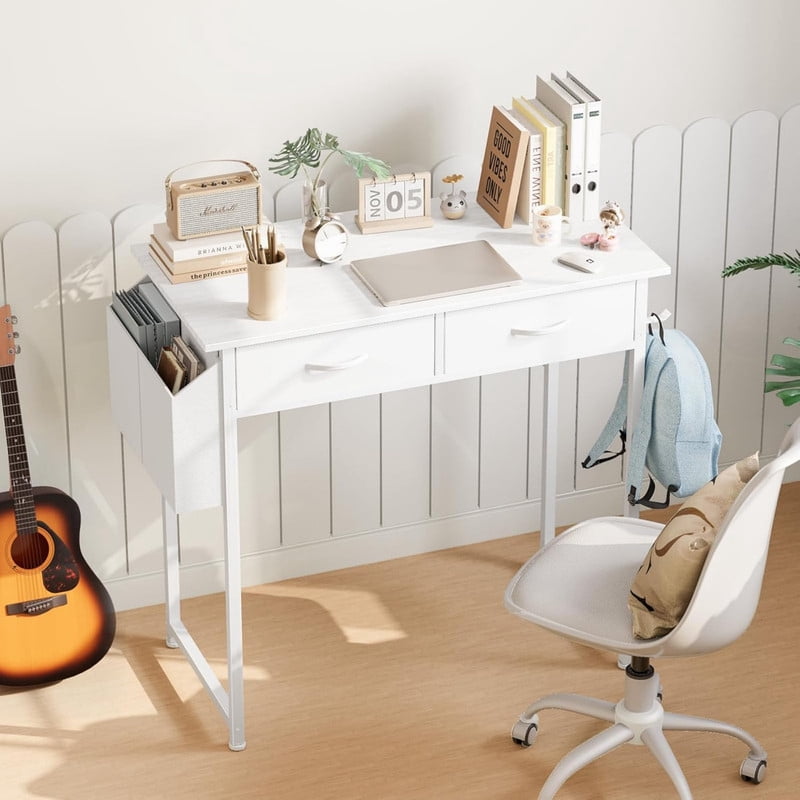 Kelno 32 Inch Computer Desk with 2 Fabric Drawer Storage Bag Iron Headphone Hook Vanity Writing Table, White