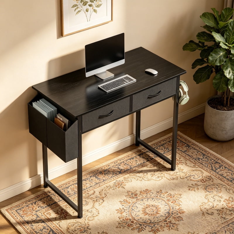 Kelno 32 Inch Small Desk Computer Desk with 2 Fabric Drawer Storage Bag Iron Hook Gaming Writing Table, Black