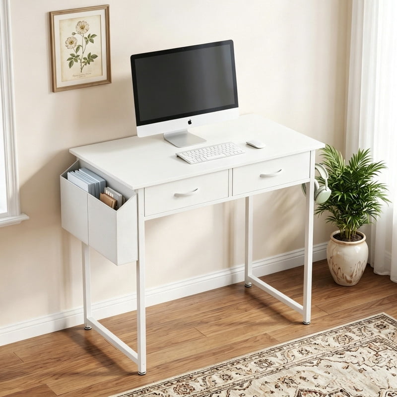 Kelno 32 Inch Small Desk Computer Desk with 2 Fabric Drawer Storage Bag Iron Hook Gaming Writing Table, White