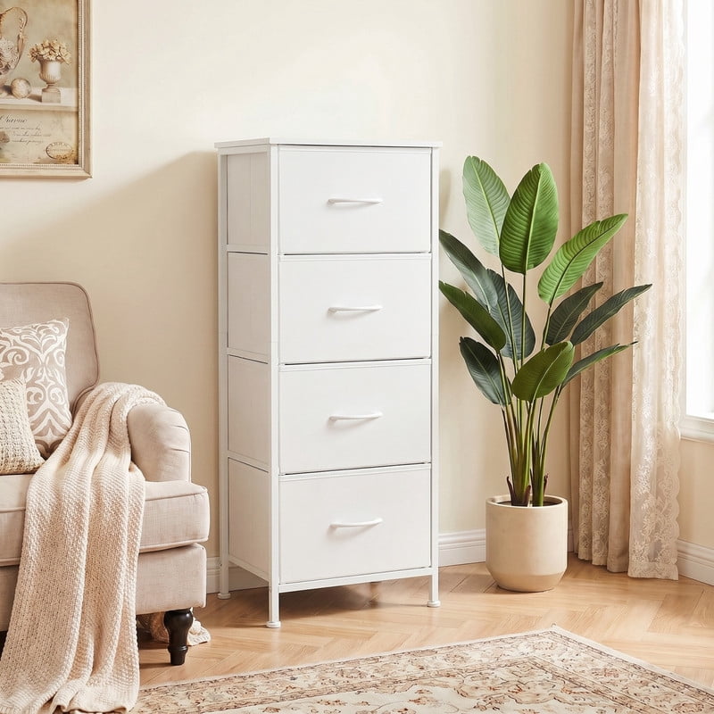 Kelno 4 Drawers Fabric Dresser Tall Chest of Drawers with Steel Frame Wood Top, White