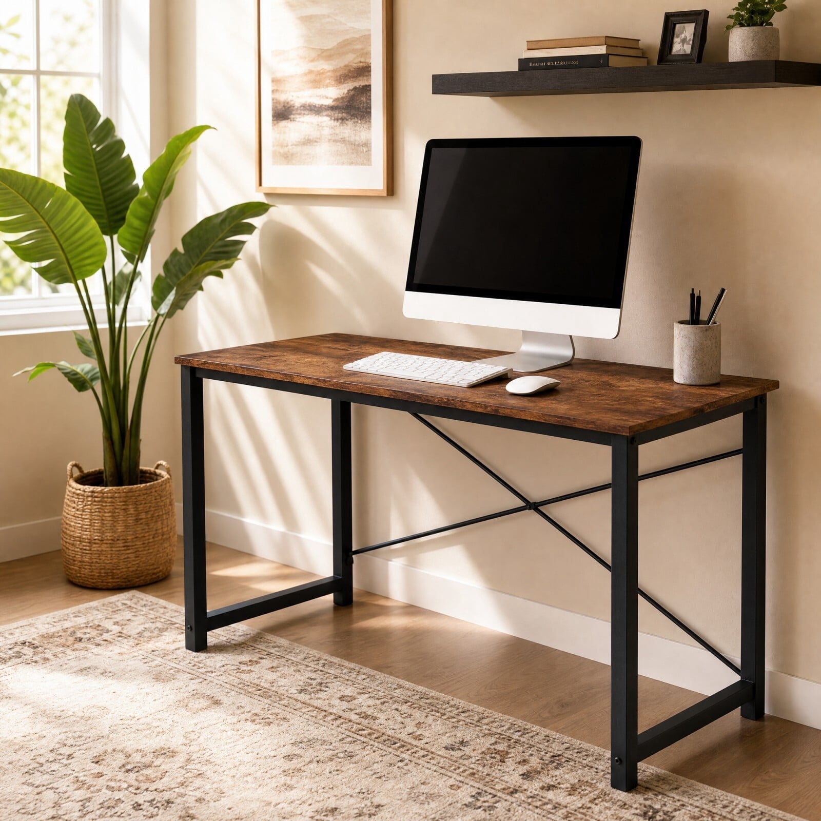 Kelno 44" Computer Desk Home Office Desk Writing Study Table with Sturdy Metal Frame, Rustic Brown