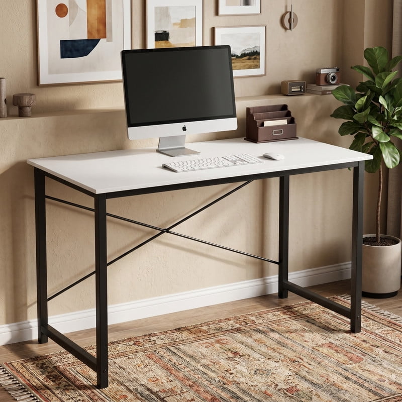 Kelno 47" Computer Desk Gaming Table Home Office Writing Study Workstation with Sturdy Metal Frame, White