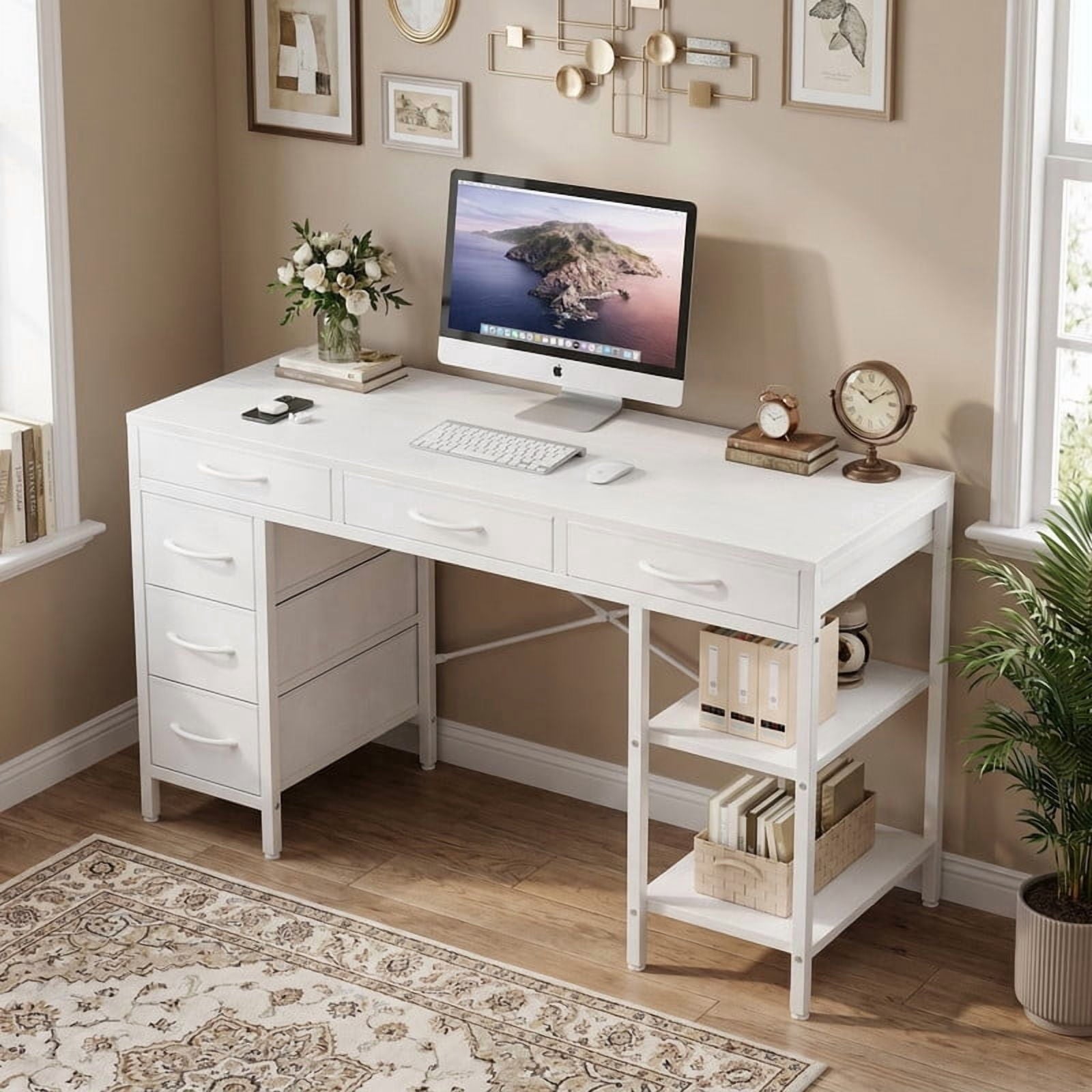 Kelno 47 Inch Computer Desk with 6 Fabric Drawer Storage Shelf Gaming Writing Table, White