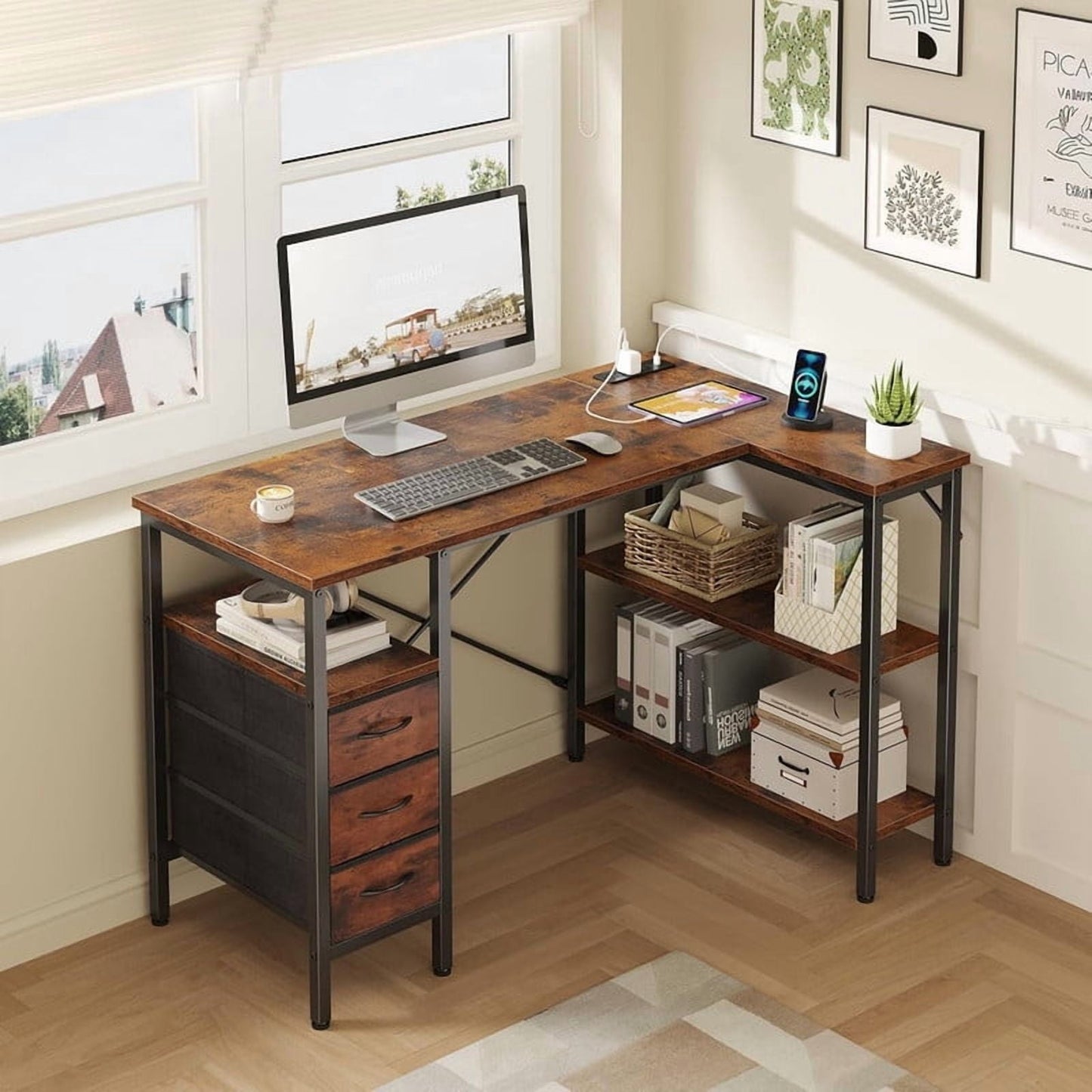 Kelno 47 Inch L Shaped Computer Desk with Power Outlets Adjustable Shelf 3 Fabric Drawer,Rustic Brown