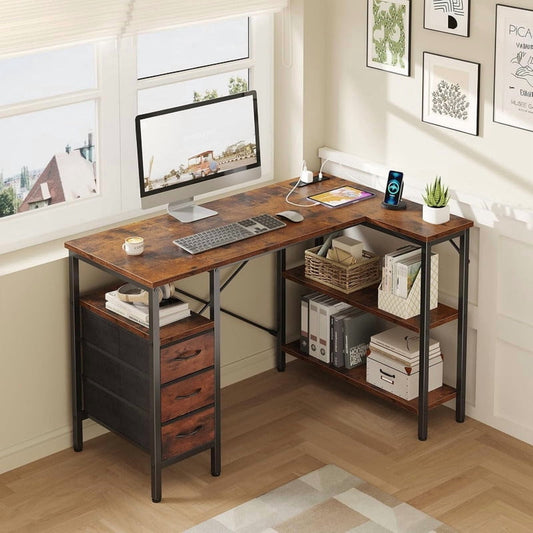 Kelno 47 Inch L Shaped Computer Desk with Power Outlets Adjustable Shelf 3 Fabric Drawer,Rustic Brown
