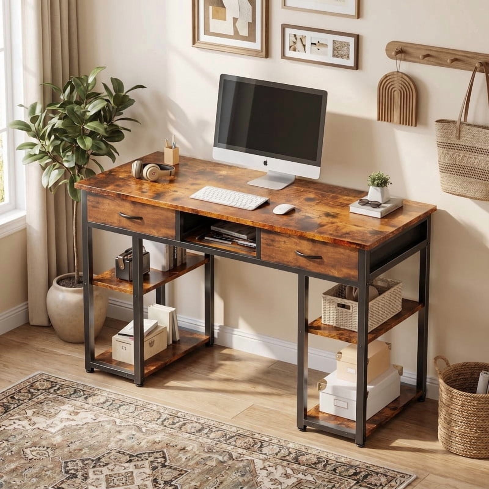 Kelno 48 Inch Computer Desk with 2 Fabric Drawer Storage Shelf Gaming Writing Table, Rustic Brown