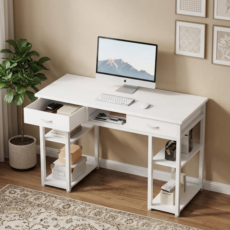 Kelno 48 Inch Computer Desk with 2 Fabric Drawer Storage Shelf Gaming Writing Table, White