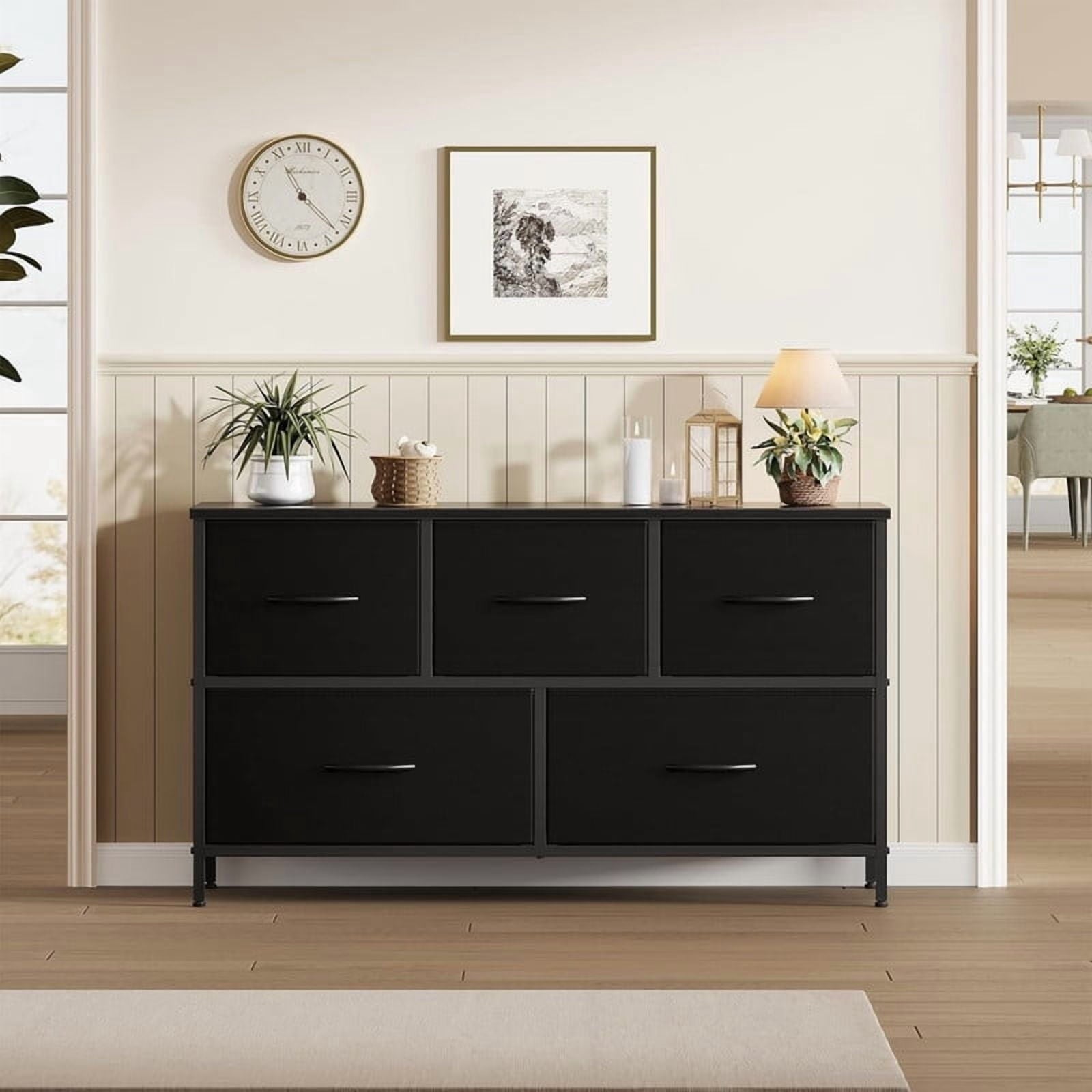 Kelno 5 Drawer Dresser Fabric Chest of Drawers Storage Organizer Wood Top Surface for TV, Black