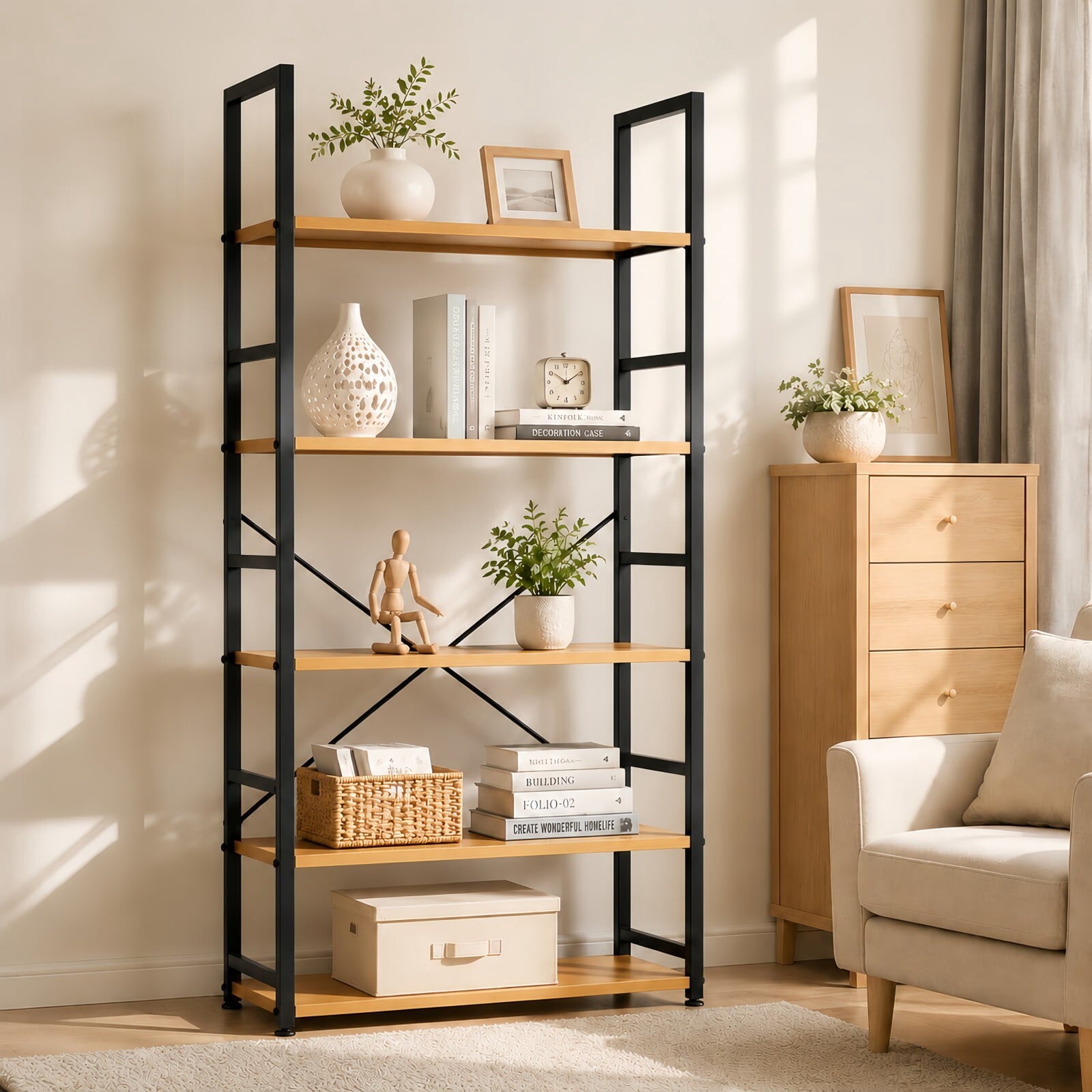Kelno 5-Tier Bookshelf 62"x24" Industrial Storage Shelf Free Standing Bookcase Metal Frame Bookcase with Open Storage Shelves, Oak