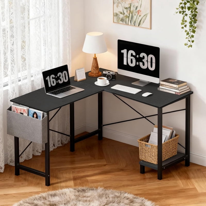 Kelno 50 Inch L Shaped Computer Desk Corner Desk with CPU Stand Side Storge Bag Study Writing Table, Black