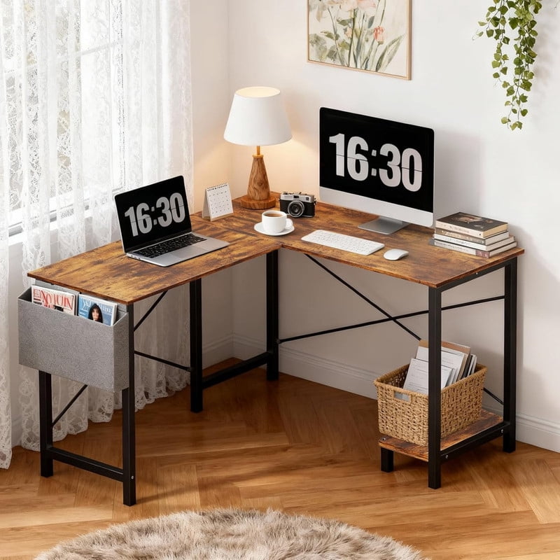 Kelno 50 Inch L Shaped Computer Desk Corner Desk with CPU Stand Side Storge Bag Study Writing Table, Rustic Brown