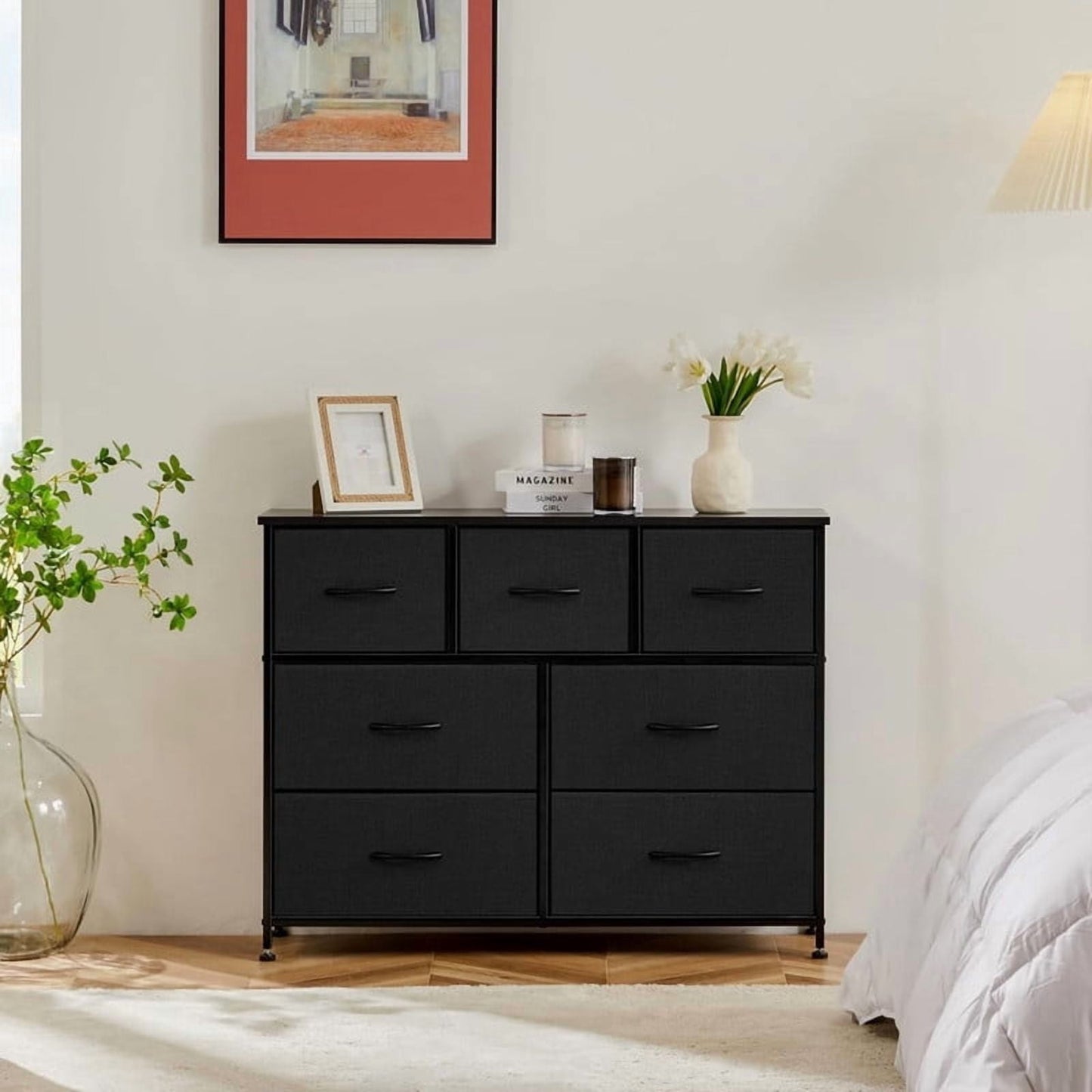 Kelno 7 Drawer Dresser Fabric Chest of Drawers Storage Organizer Wood Top Surface for TV, Black