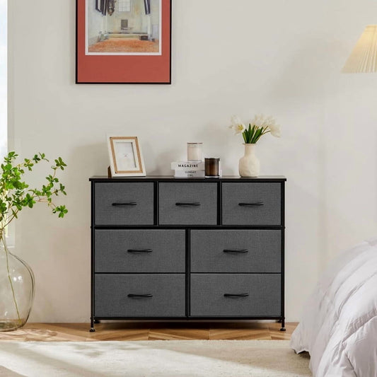 Kelno 7 Drawer Dresser Fabric Chest of Drawers Storage Organizer Wood Top Surface for TV, Grey