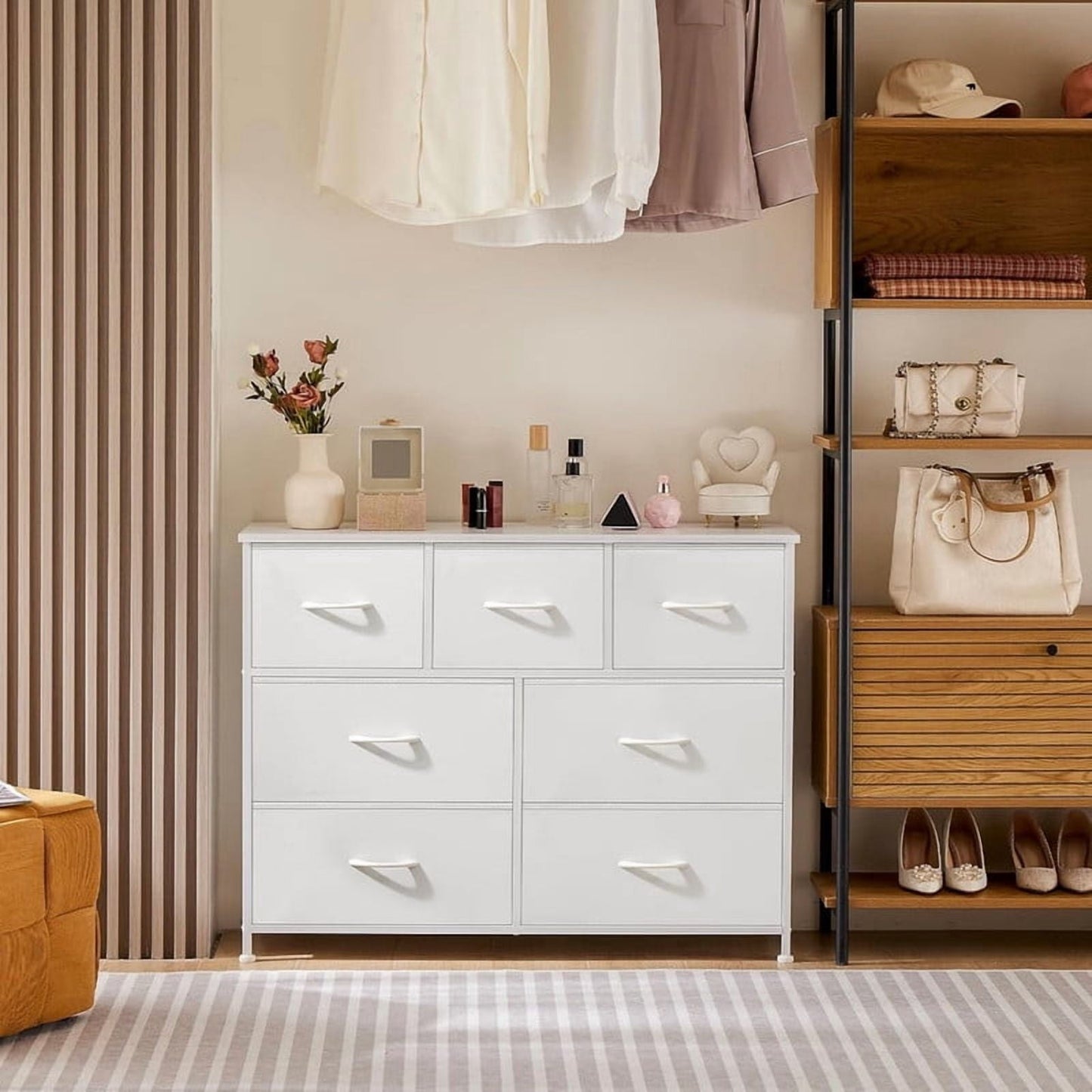 Kelno 7 Drawer Dresser Fabric Chest of Drawers Storage Organizer Wood Top Surface for TV, White