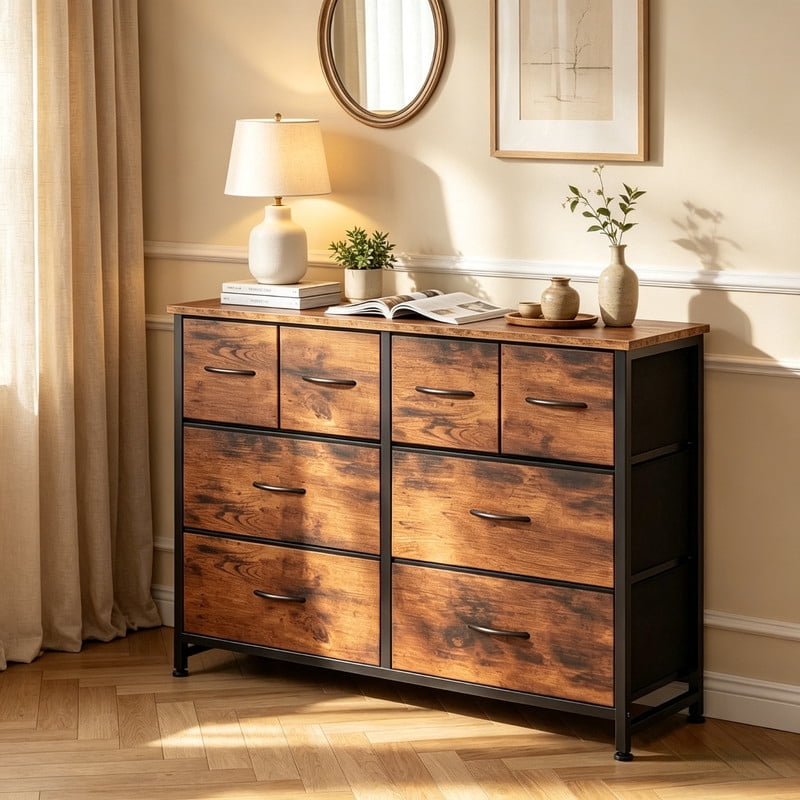 Kelno 8 Drawers Fabric Cabinet Metal Frame Wide Wood Top Storage Tower TV Stand Clothes Organizer for Bedroom Living Room,Rust Brown