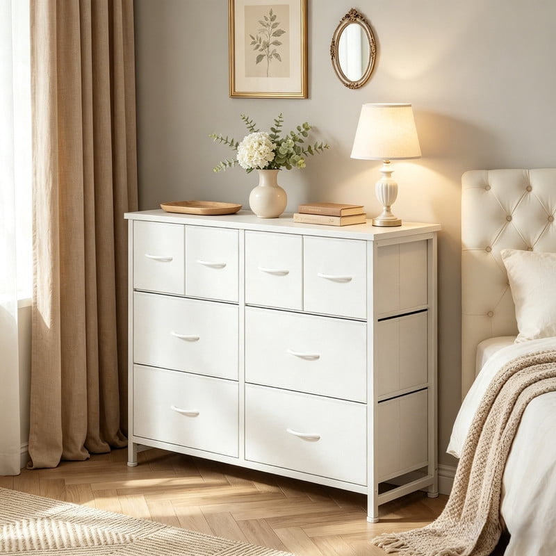 Kelno 8 Drawers Fabric Cabinet Metal Frame Wide Wood Top Storage Tower TV Stand Clothes Organizer for Bedroom Living Room,White