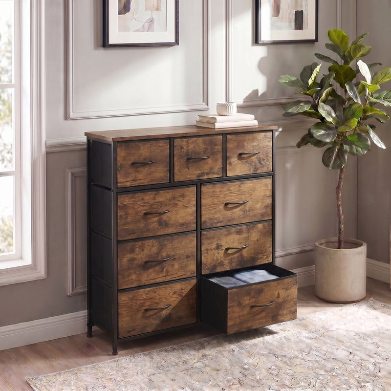 Kelno 9 Drawer Fabric Dresser Storage Tower Chest Organizer with Wood Top Steel Frame, Rustic Brown