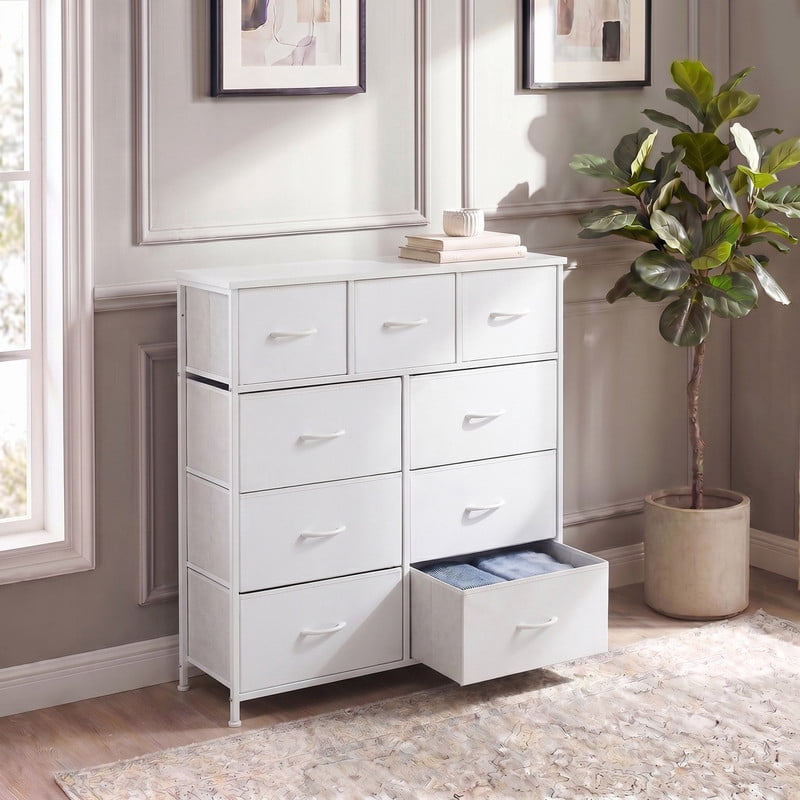 Kelno 9 Drawer Fabric Dresser Storage Tower Chest Organizer with Wood Top Steel Frame, White
